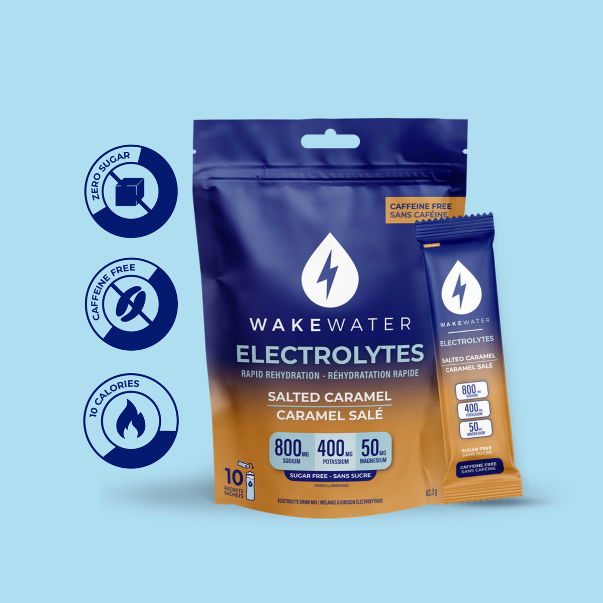 Salted Caramel Electrolytes pouch and stick with zero sugar, caffeine free, 10 calorie callouts