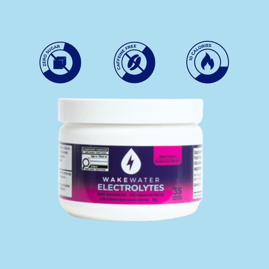 Fruit Punch Electrolytes tub with zero sugar, caffeine free, 10 calorie callouts
