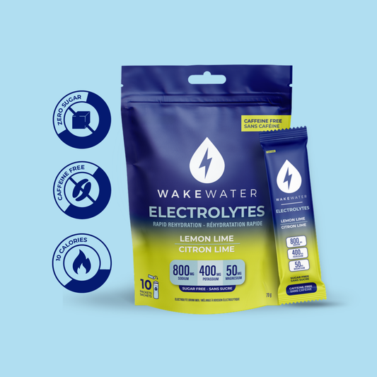 WakeWater Lemon Lime Electrolytes pouch and stick with sugar free, caffeine free, 10 calorie callouts
