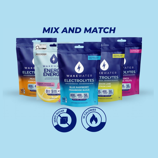 WakeWater drink mix bundle pouches and stick with zero sugar, 10 calories per stick, mix and match callouts