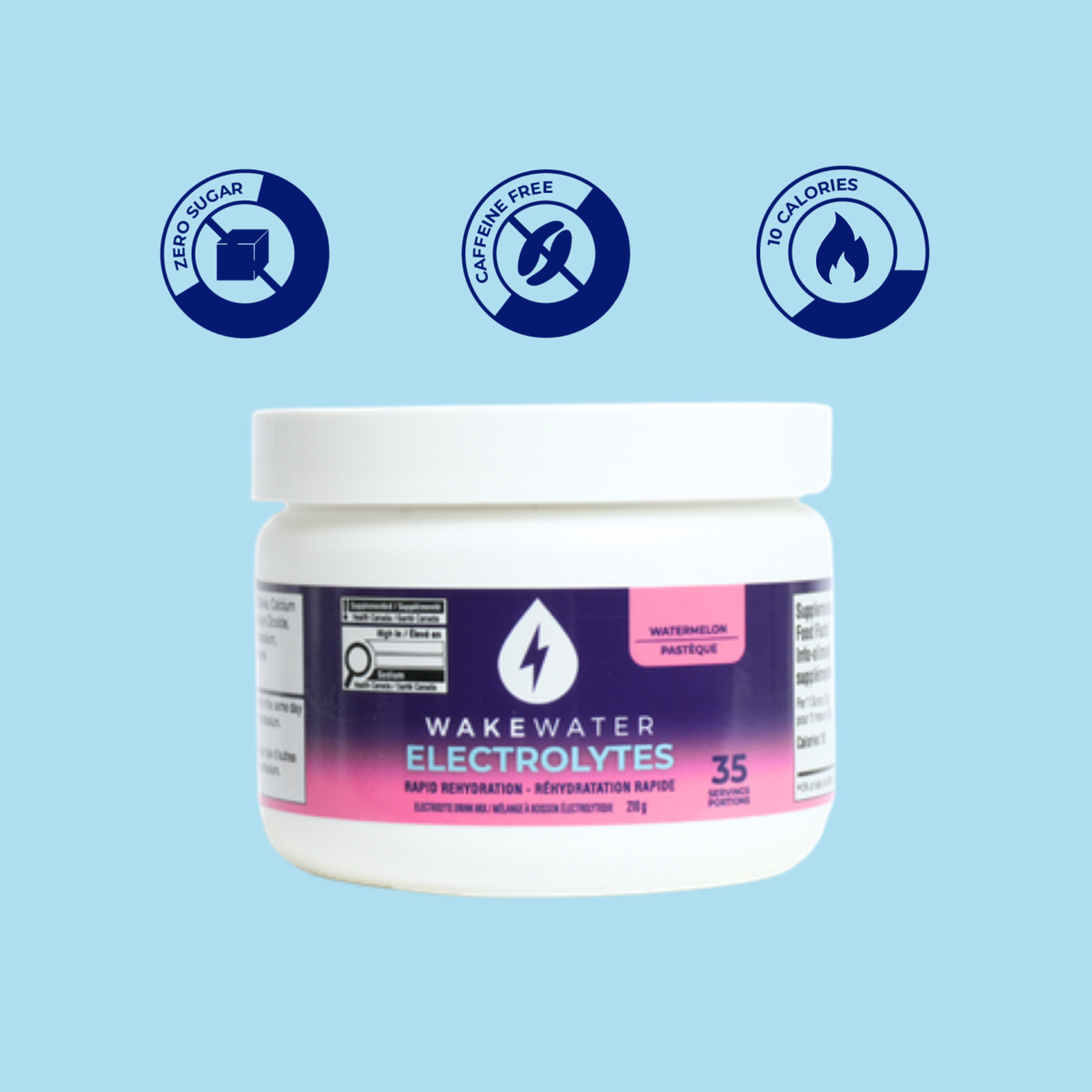 Watermelon Electrolytes tub with zero sugar, caffeine free, 10 calorie callouts