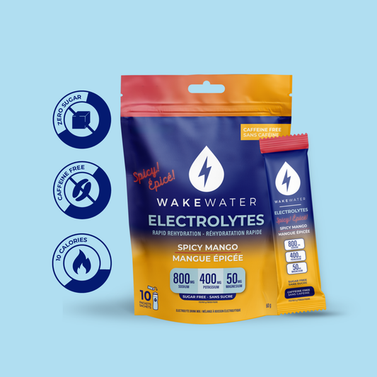 Spicy Mango Electrolytes pouch and stick with zero sugar, caffeine free, 10 calorie callouts