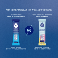 Electrolytes and Energy+ formulas side by side, pick your formulas and mix them how you like