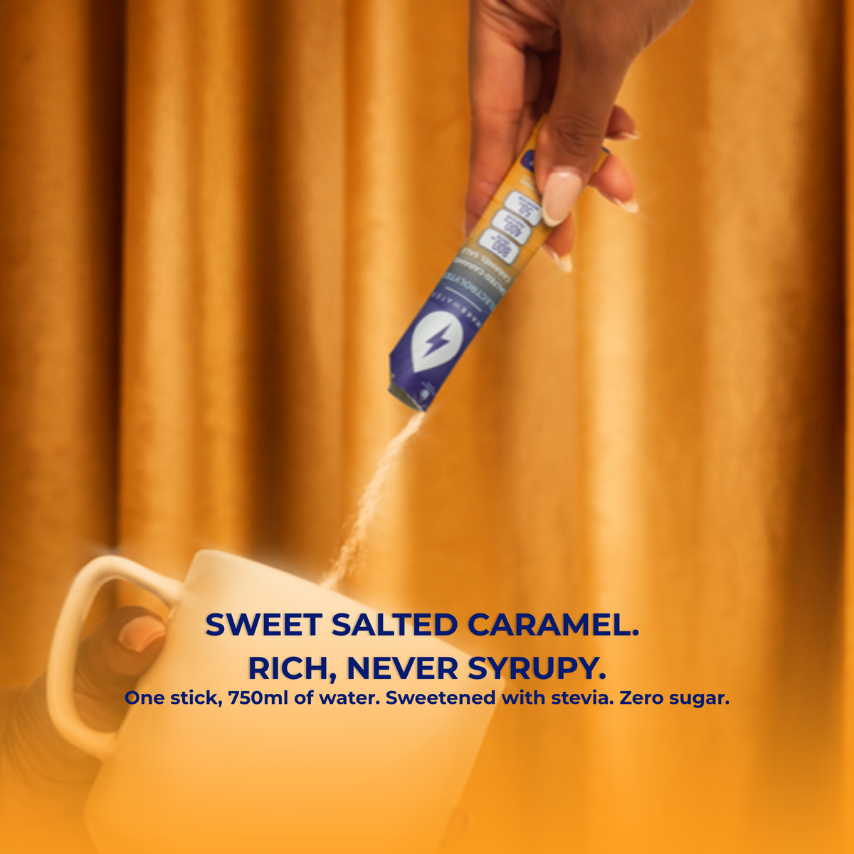 Sweet Salted Caramel stick poured into a mug, rich never syrupy, one stick in 750ml of water