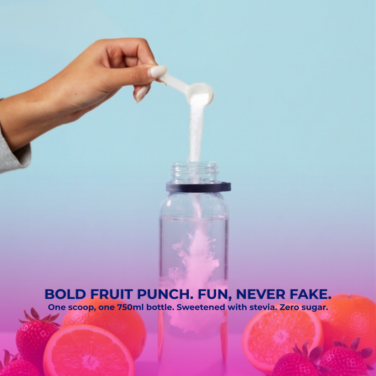 Fruit Punch Electrolytes tub scoop stirred into 750ml of water, zero sugar, sweetened with stevia