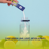 Pouring WakeWater Lemon Lime Electrolytes stick into a 750ml water bottle, crisp and light