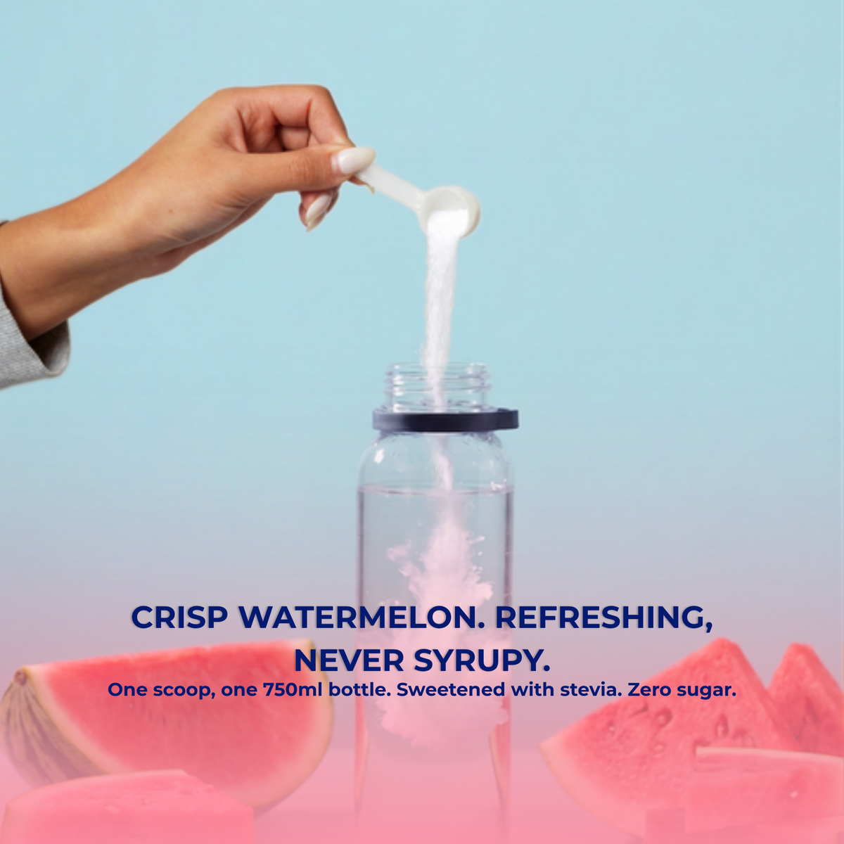 Watermelon Electrolytes tub scoop stirred into 750ml of water, zero sugar, sweetened with stevia