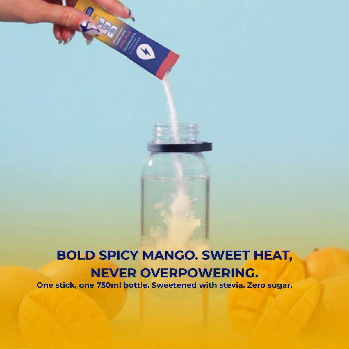 Spicy Mango stick pouring into a water bottle