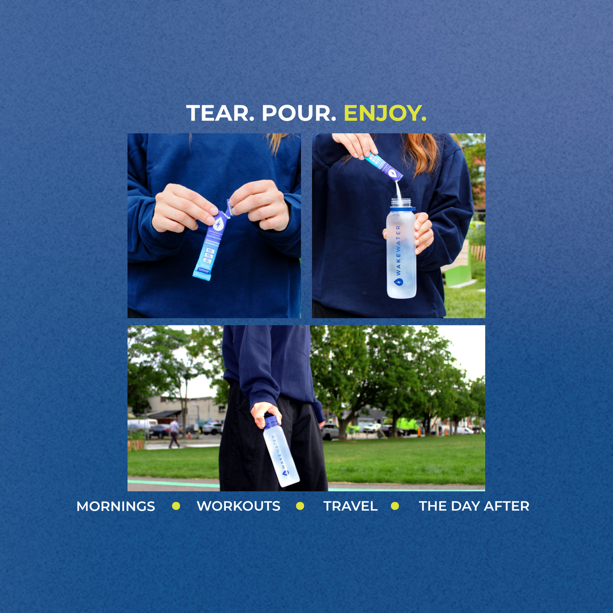 Tear pour enjoy steps for WakeWater drink mix sticks for mornings, workouts and travel