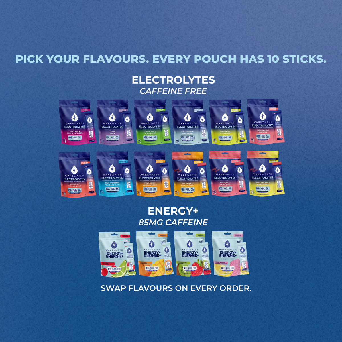 WakeWater flavour wall with Electrolytes caffeine free flavours and Energy+ 85mg caffeine flavours, every pouch has 10 sticks
